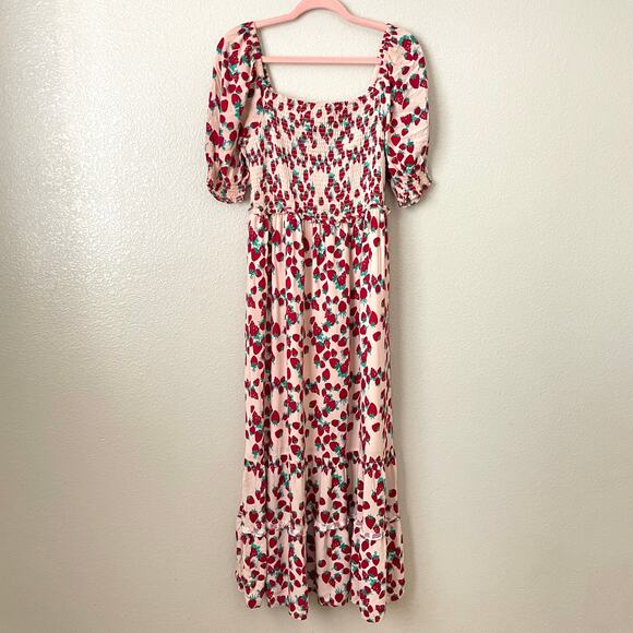 Betsey Johnson Dress Womens Large Pink Strawberry Fruit Print Maxi Cottagecore - Picture 3 of 12